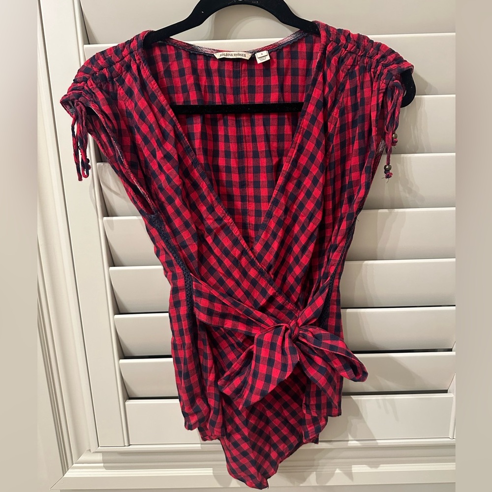Anthropologie Red and Black Checkered Wrap Blouse